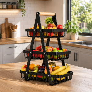 Frutero Organizador de Mesa de 3 Niveles con Asa de Madera